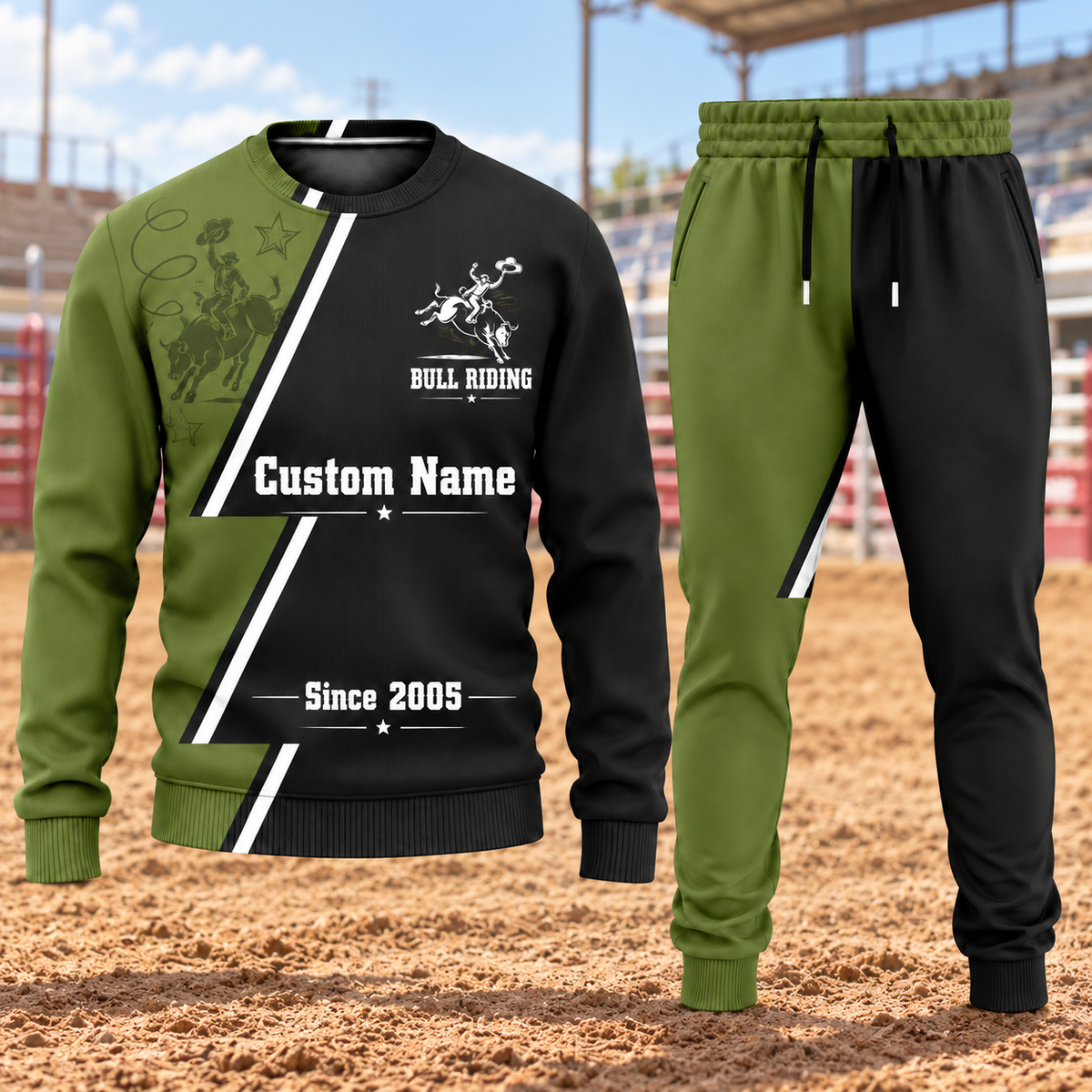 Bull Riding Diagonal Stripe sweater and jogger combo, hero view with name and Since 2005 artwork