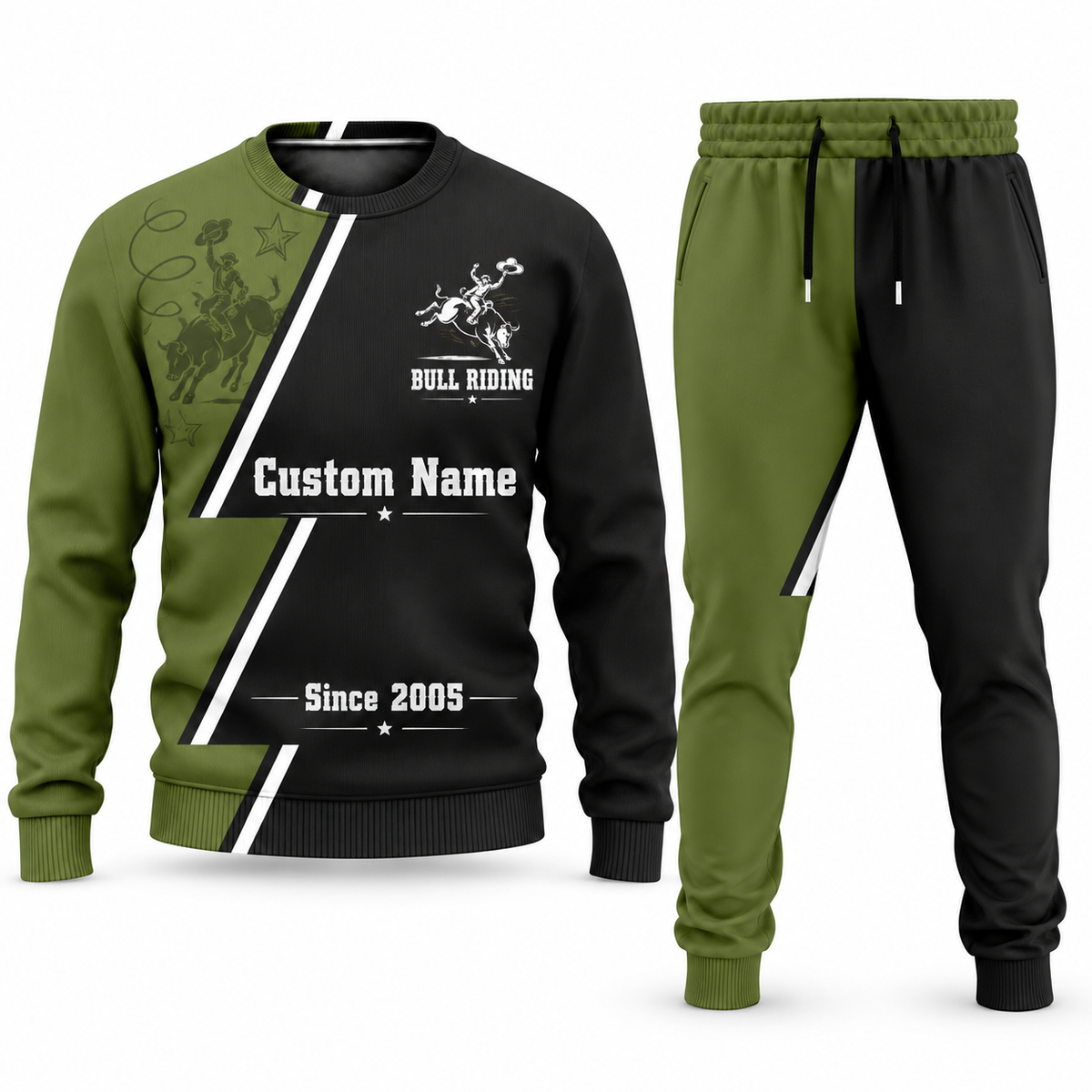 Bull Riding Diagonal Stripe sweater and jogger combo, olive view with name and Since 2005 artwork