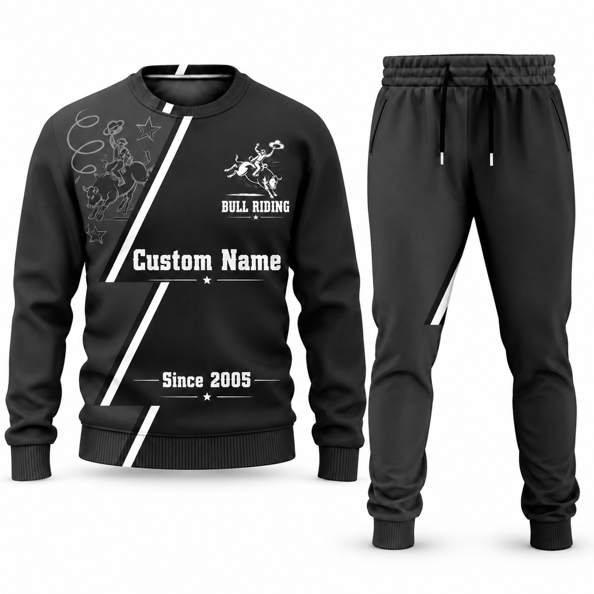 Bull Riding Diagonal Stripe sweater and jogger combo, charcoal view with name and Since 2005 artwork