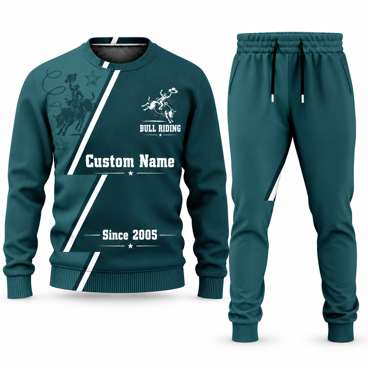 Bull Riding Diagonal Stripe sweater and jogger combo, teal view with name and Since 2005 artwork
