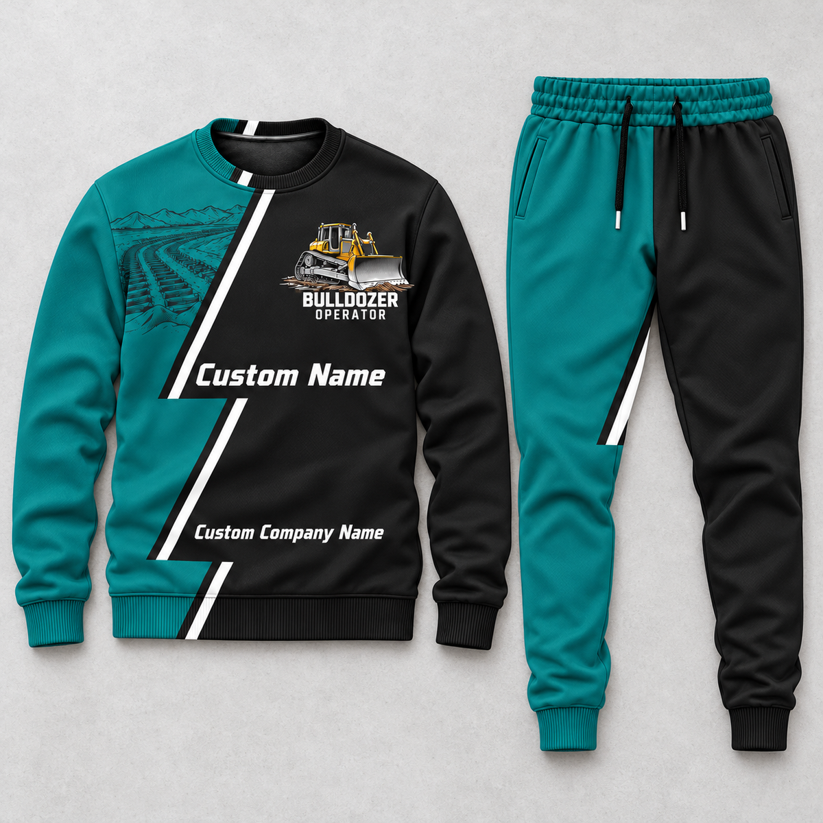 Bulldozer Operator Diagonal Stripe sweater and jogger combo, hero view with name and company artwork