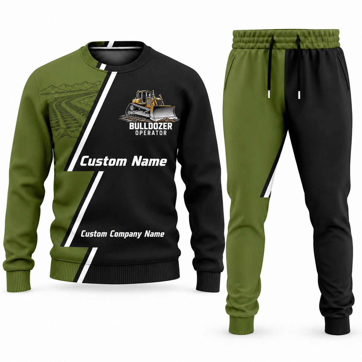 Bulldozer Operator Diagonal Stripe sweater and jogger combo, olive view with name and company artwork