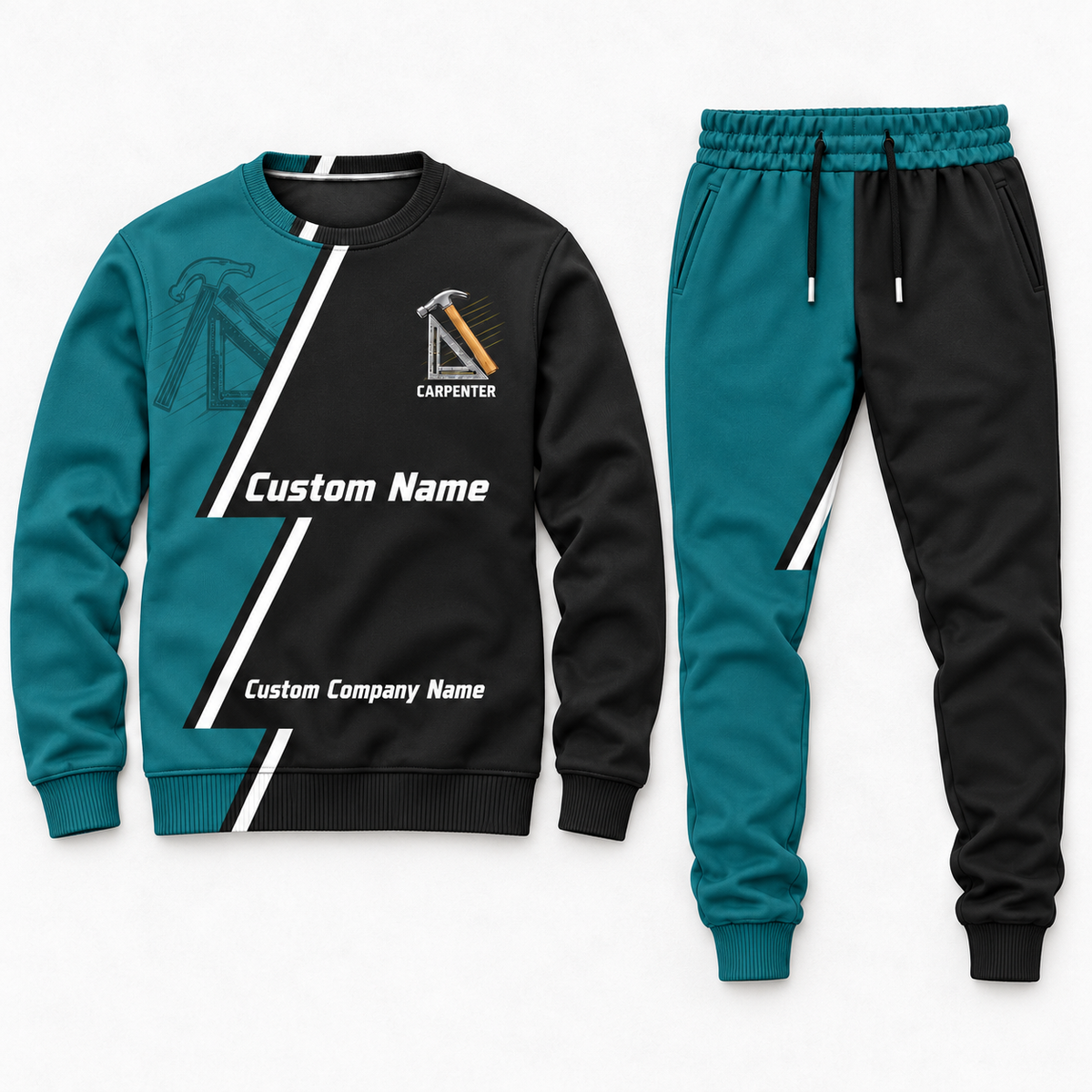 Carpenter Diagonal Stripe sweater and jogger combo, hero view with name and company artwork
