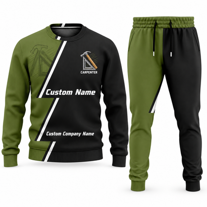 Carpenter Diagonal Stripe sweater and jogger combo, olive view with name and company artwork