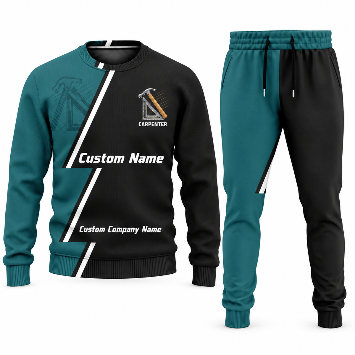 Carpenter Diagonal Stripe sweater and jogger combo, teal view with name and company artwork