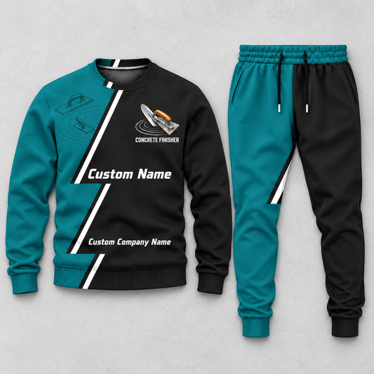 Concrete Finisher Diagonal Stripe sweater and jogger combo, hero view with name and company artwork