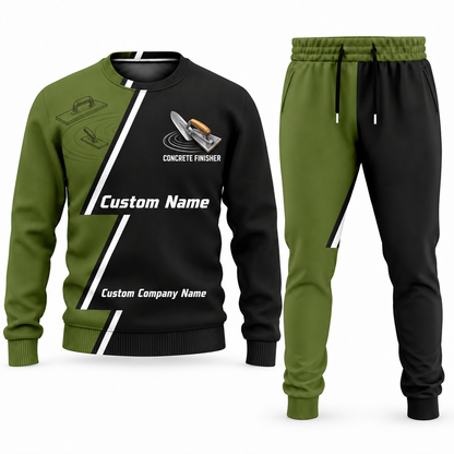 Concrete Finisher Diagonal Stripe sweater and jogger combo, olive view with name and company artwork