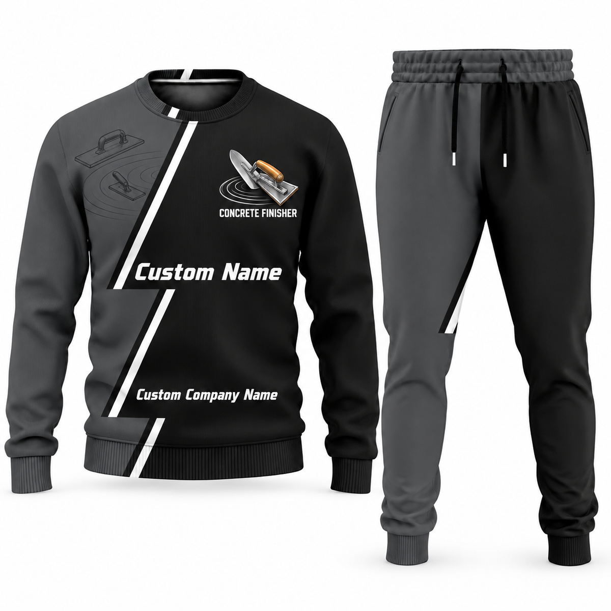 Concrete Finisher Diagonal Stripe sweater and jogger combo, charcoal view with name and company artwork