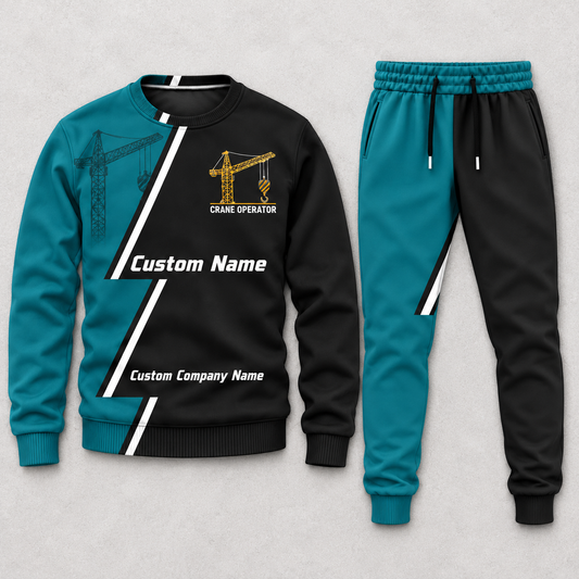 Crane Operator Diagonal Stripe sweater and jogger combo, hero view with name and company artwork
