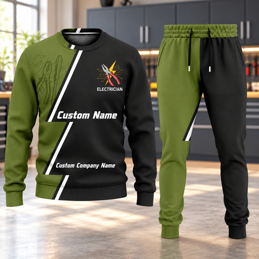 Electrician Diagonal Stripe sweater and jogger combo, hero view with name and company artwork