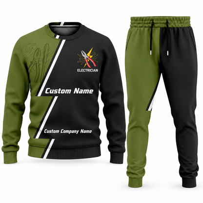Electrician Diagonal Stripe sweater and jogger combo, olive view with name and company artwork