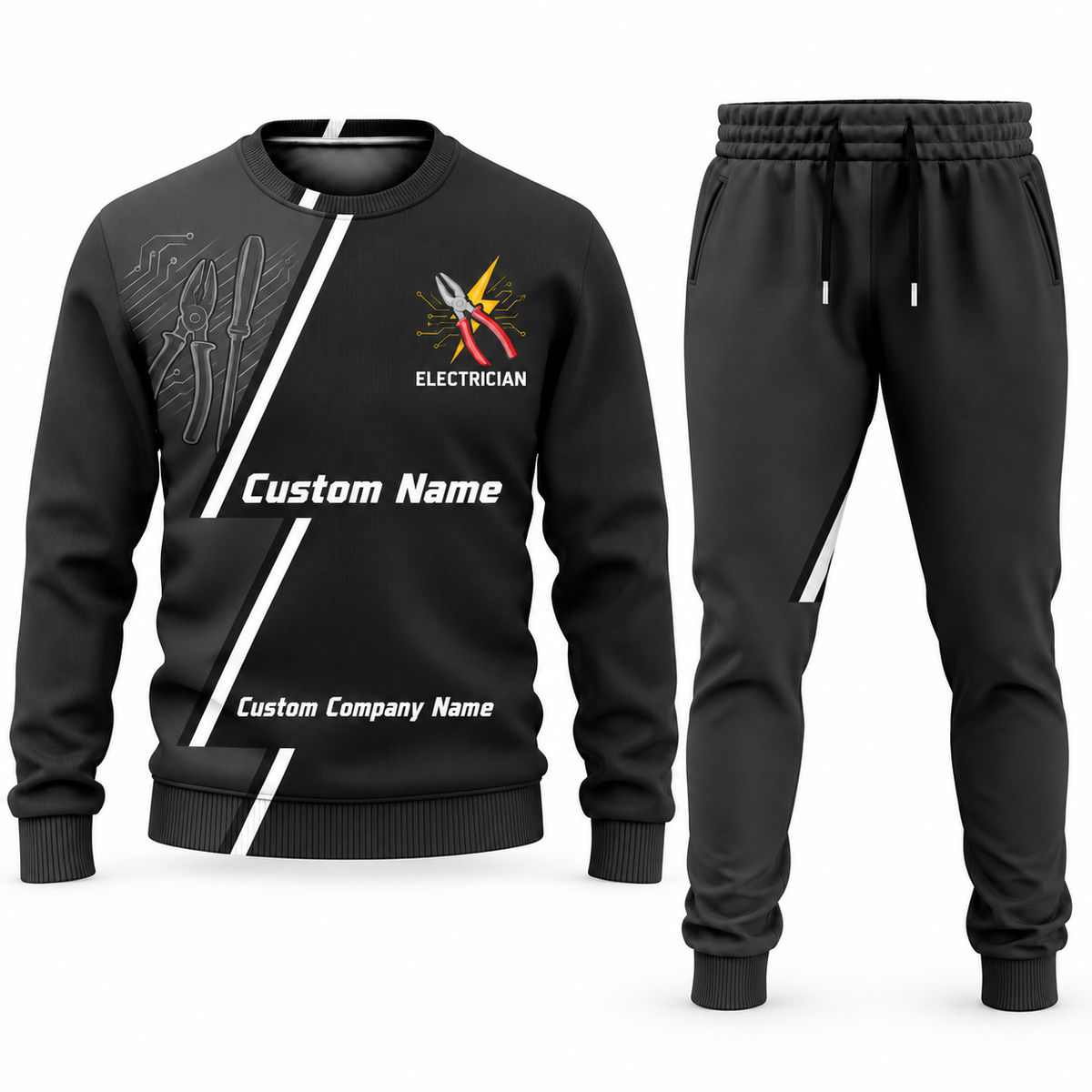 Electrician Diagonal Stripe sweater and jogger combo, charcoal view with name and company artwork