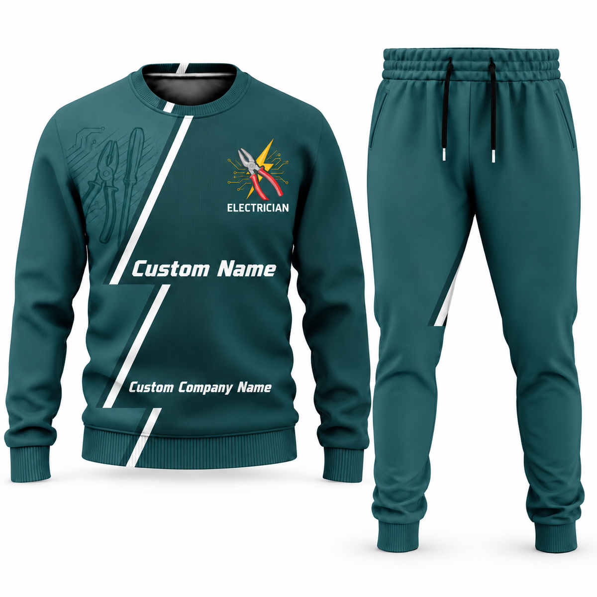 Electrician Diagonal Stripe sweater and jogger combo, teal view with name and company artwork
