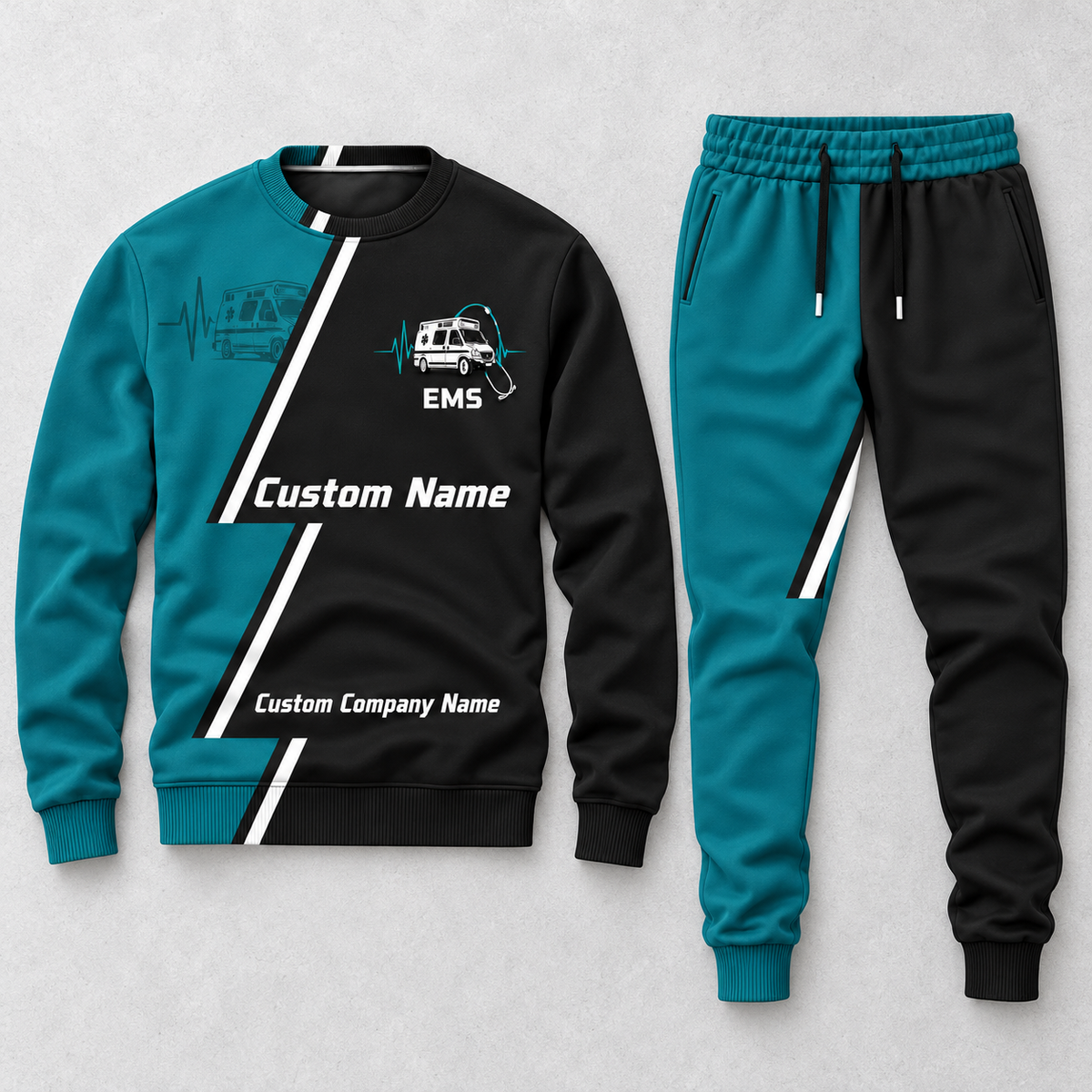 EMS Diagonal Stripe sweater and jogger combo, hero view with name and company artwork