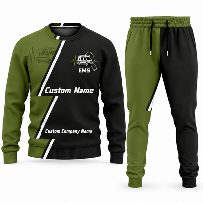 EMS Diagonal Stripe sweater and jogger combo, olive view with name and company artwork