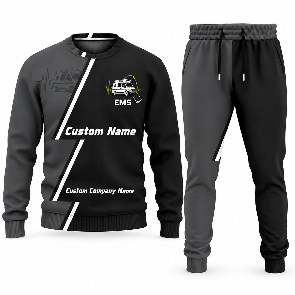 EMS Diagonal Stripe sweater and jogger combo, charcoal view with name and company artwork