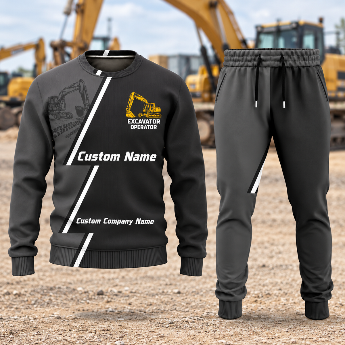 Excavator Operator Diagonal Stripe sweater and jogger combo, hero view with name and company artwork