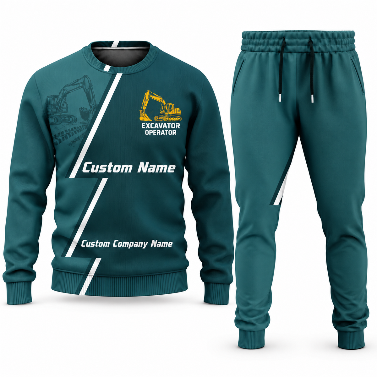 Excavator Operator Diagonal Stripe sweater and jogger combo, teal view with name and company artwork