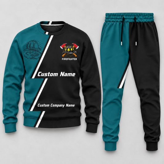 Firefighter Diagonal Stripe sweater and jogger combo, hero view with name and company artwork