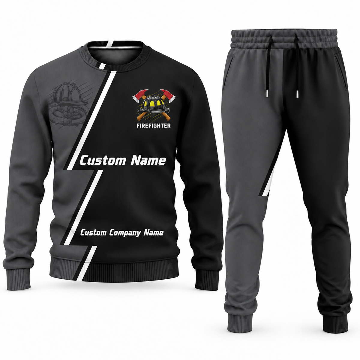 Firefighter Diagonal Stripe sweater and jogger combo, charcoal view with name and company artwork