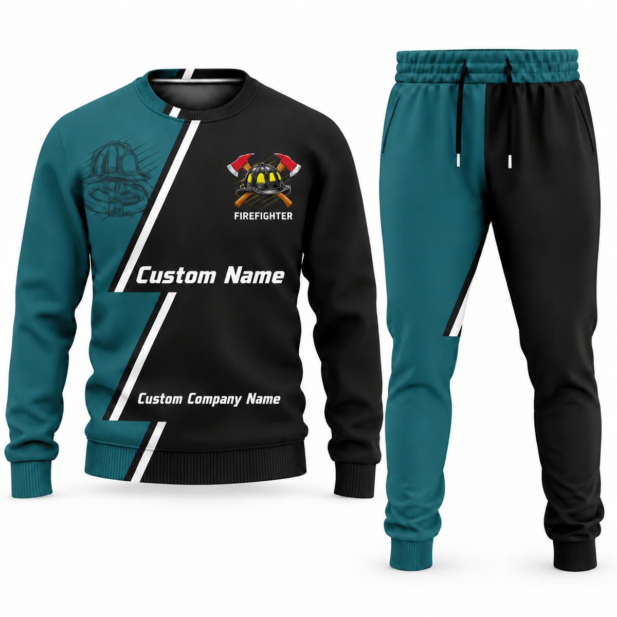 Firefighter Diagonal Stripe sweater and jogger combo, teal view with name and company artwork