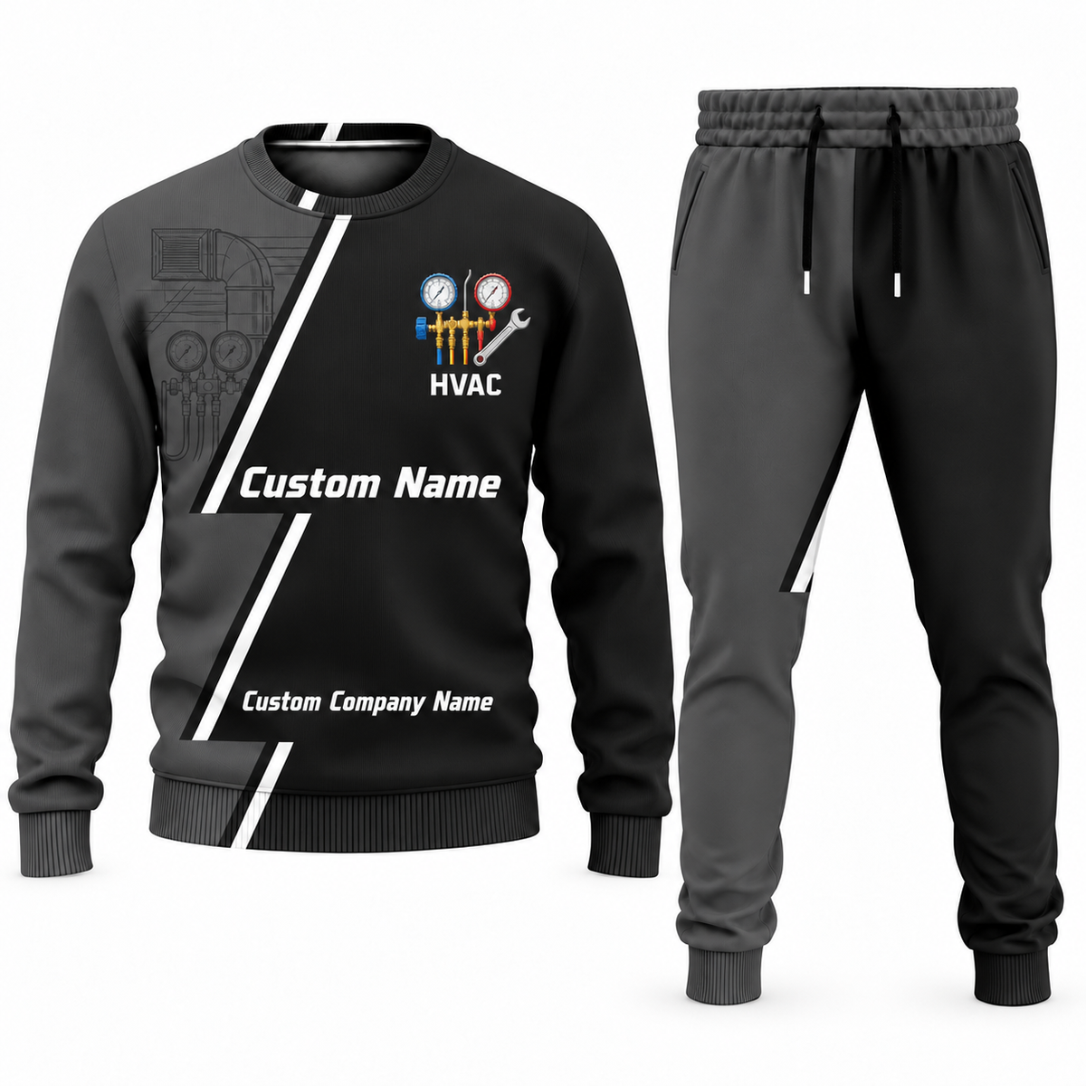 HVAC Diagonal Stripe sweater and jogger combo, charcoal view with name and company artwork