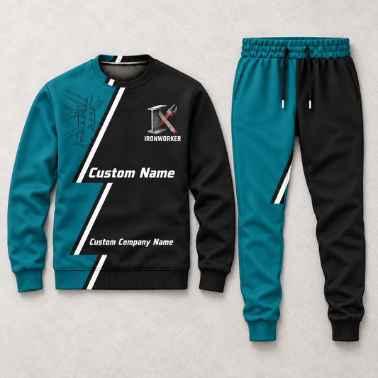Ironworker Diagonal Stripe sweater and jogger combo, hero view with name and company artwork