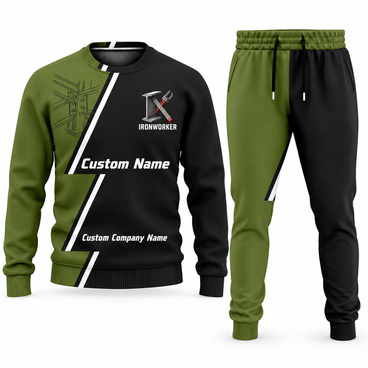 Ironworker Diagonal Stripe sweater and jogger combo, olive view with name and company artwork