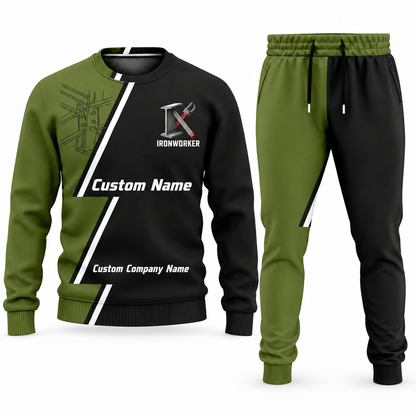 Ironworker Diagonal Stripe sweater and jogger combo, olive view with name and company artwork
