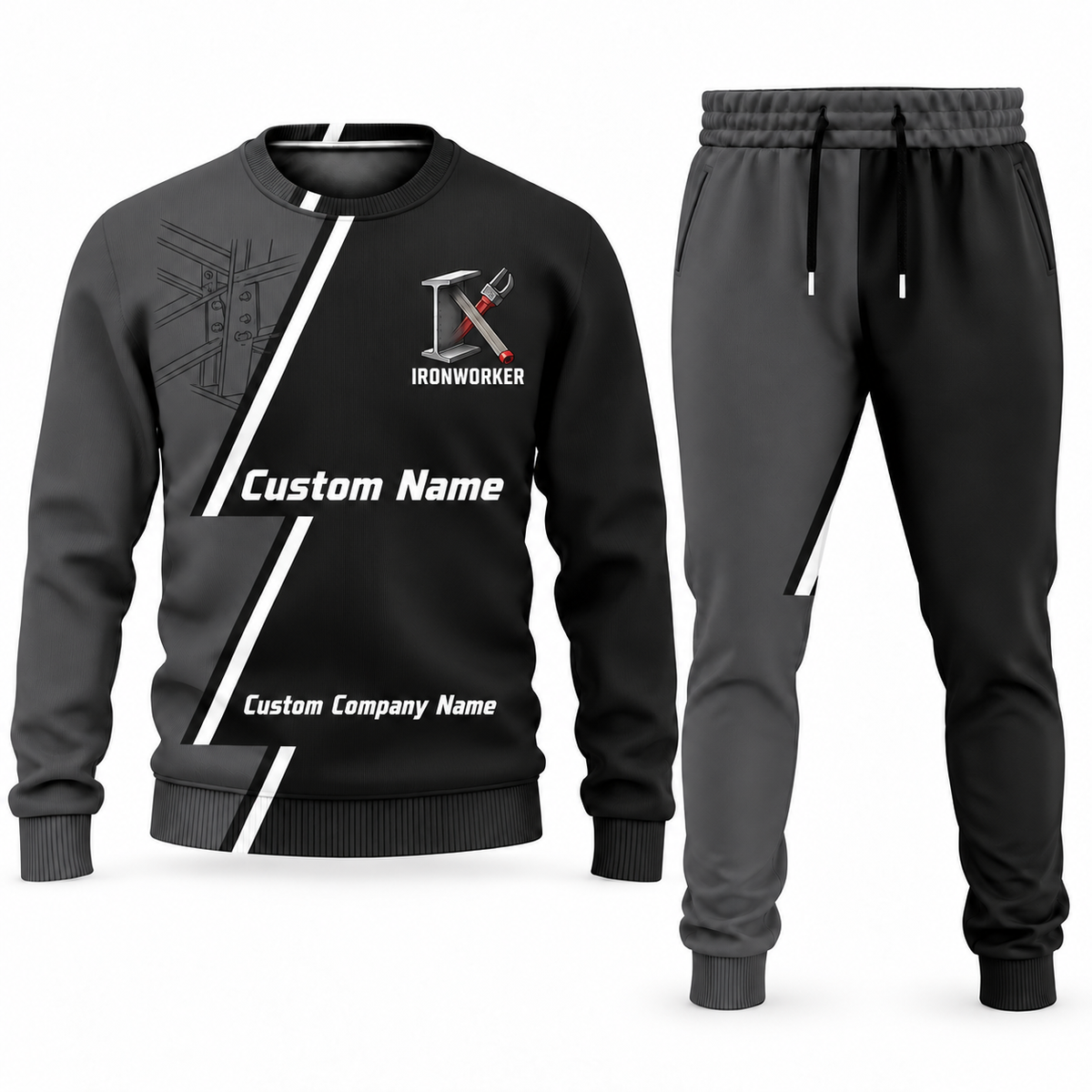 Ironworker Diagonal Stripe sweater and jogger combo, charcoal view with name and company artwork