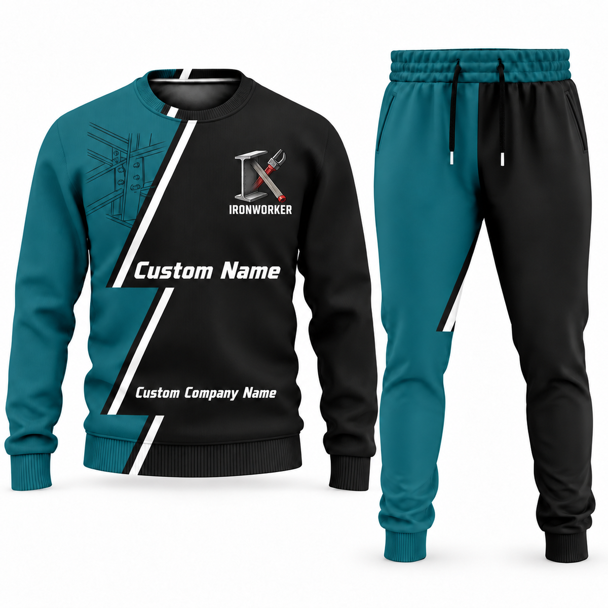 Ironworker Diagonal Stripe sweater and jogger combo, teal view with name and company artwork