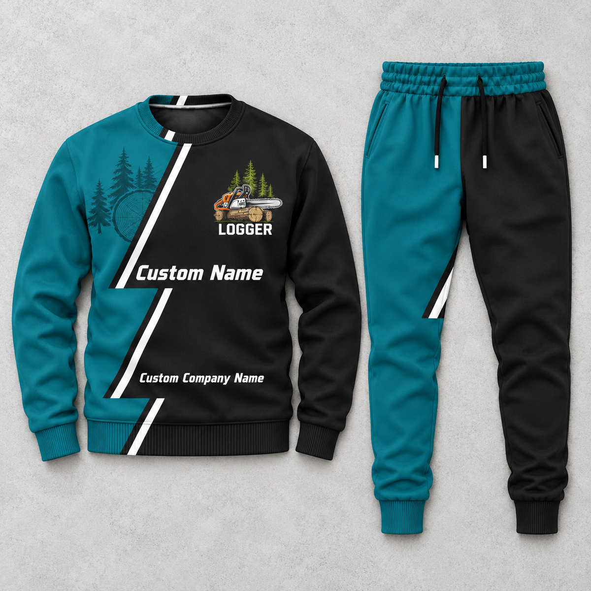 Logger Diagonal Stripe sweater and jogger combo, hero view with name and company artwork