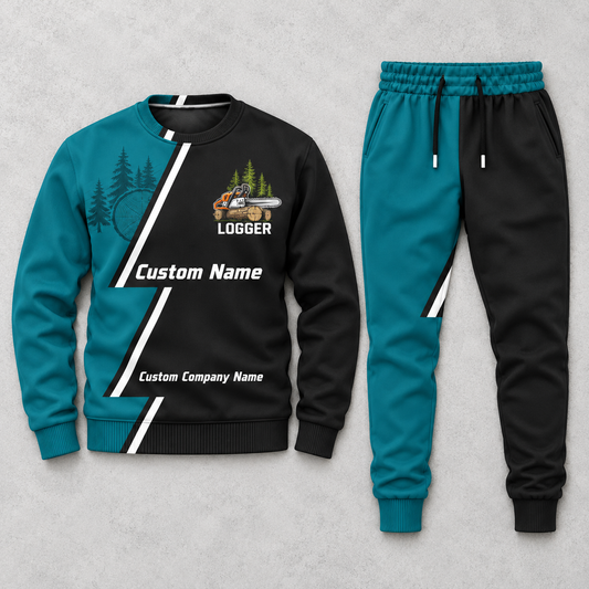 Logger Diagonal Stripe sweater and jogger combo, hero view with name and company artwork