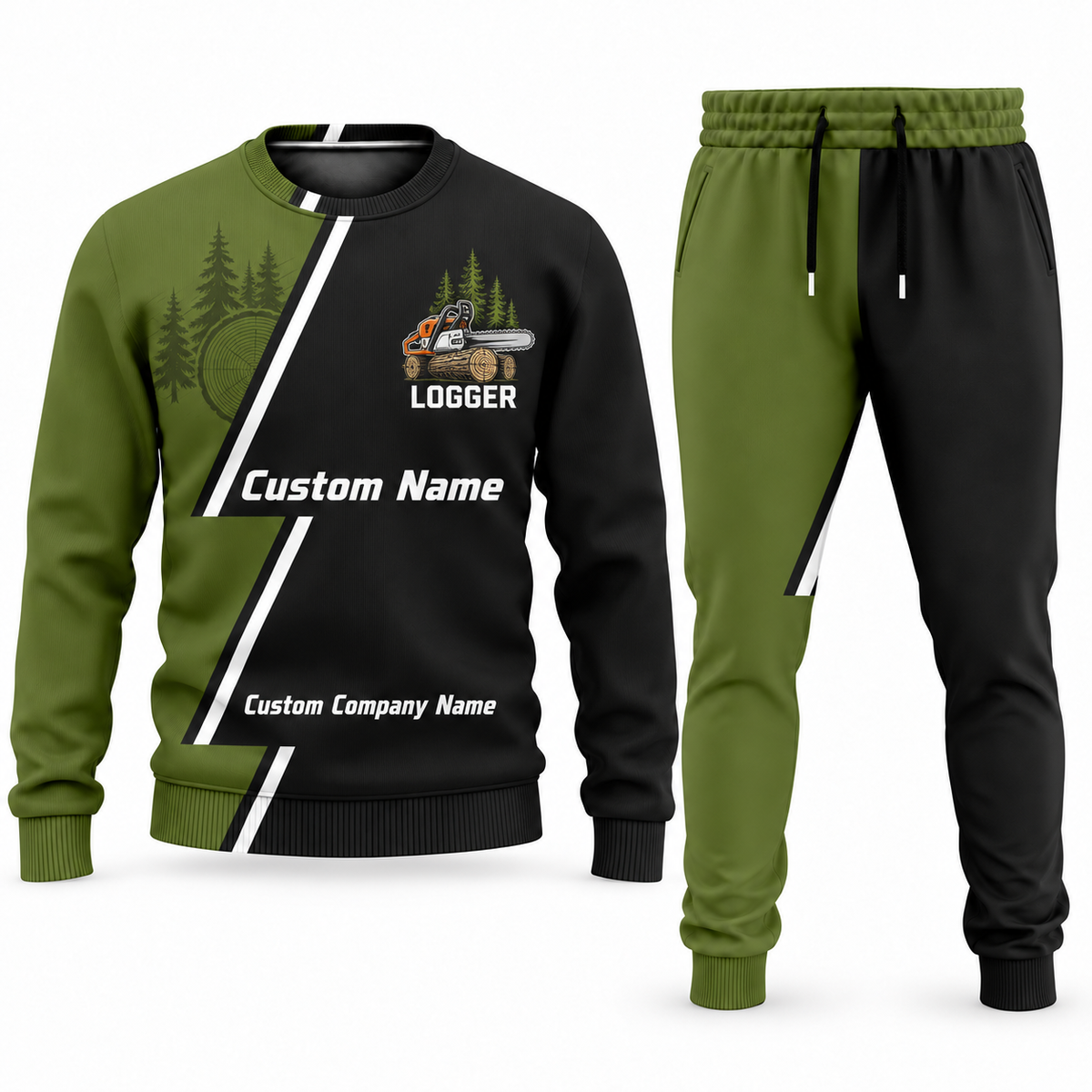 Logger Diagonal Stripe sweater and jogger combo, olive view with name and company artwork