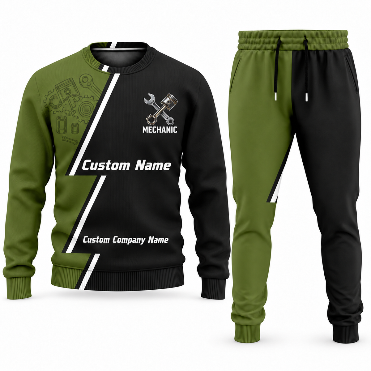 Mechanic Diagonal Stripe sweater and jogger combo, olive view with name and company artwork