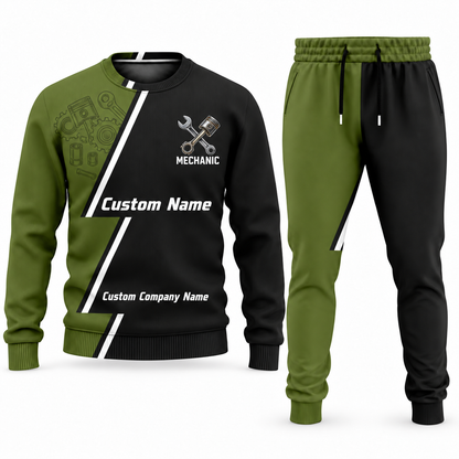 Mechanic Diagonal Stripe sweater and jogger combo, olive view with name and company artwork