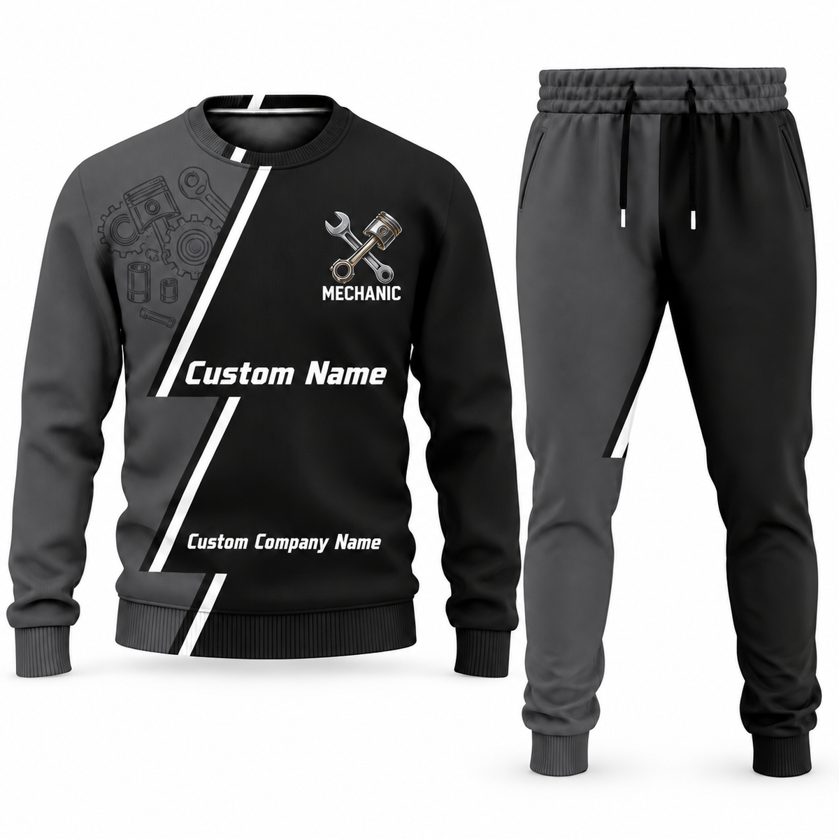 Mechanic Diagonal Stripe sweater and jogger combo, charcoal view with name and company artwork