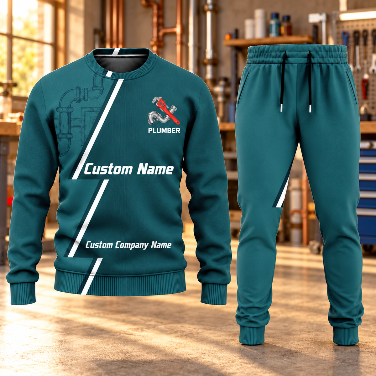 Plumber Diagonal Stripe sweater and jogger combo, hero view with name and company artwork