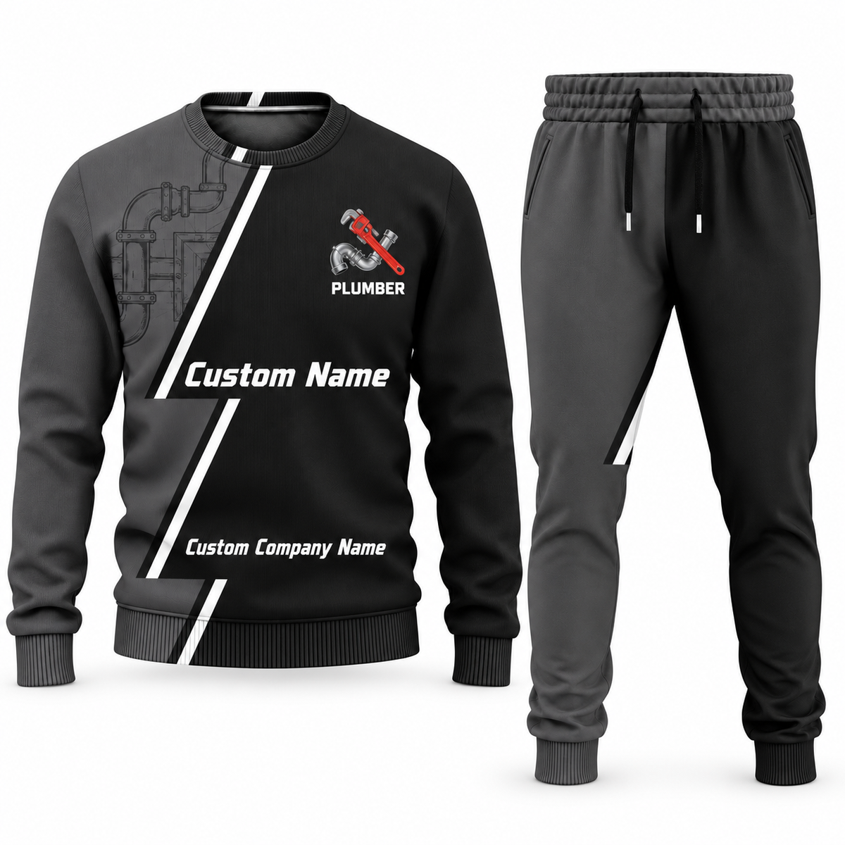 Plumber Diagonal Stripe sweater and jogger combo, charcoal view with name and company artwork
