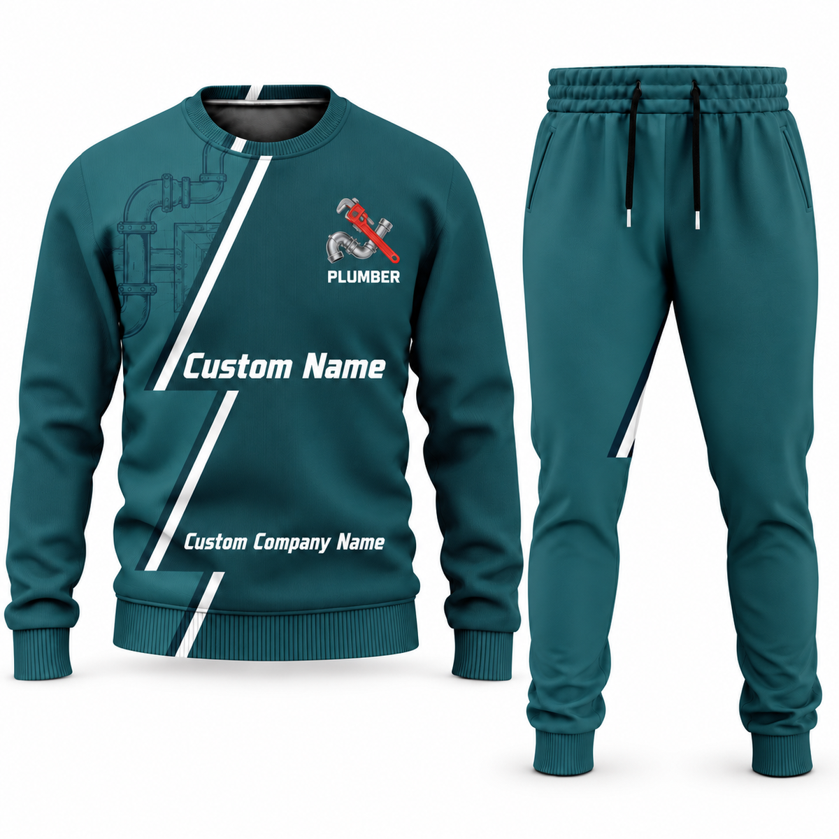 Plumber Diagonal Stripe sweater and jogger combo, teal view with name and company artwork