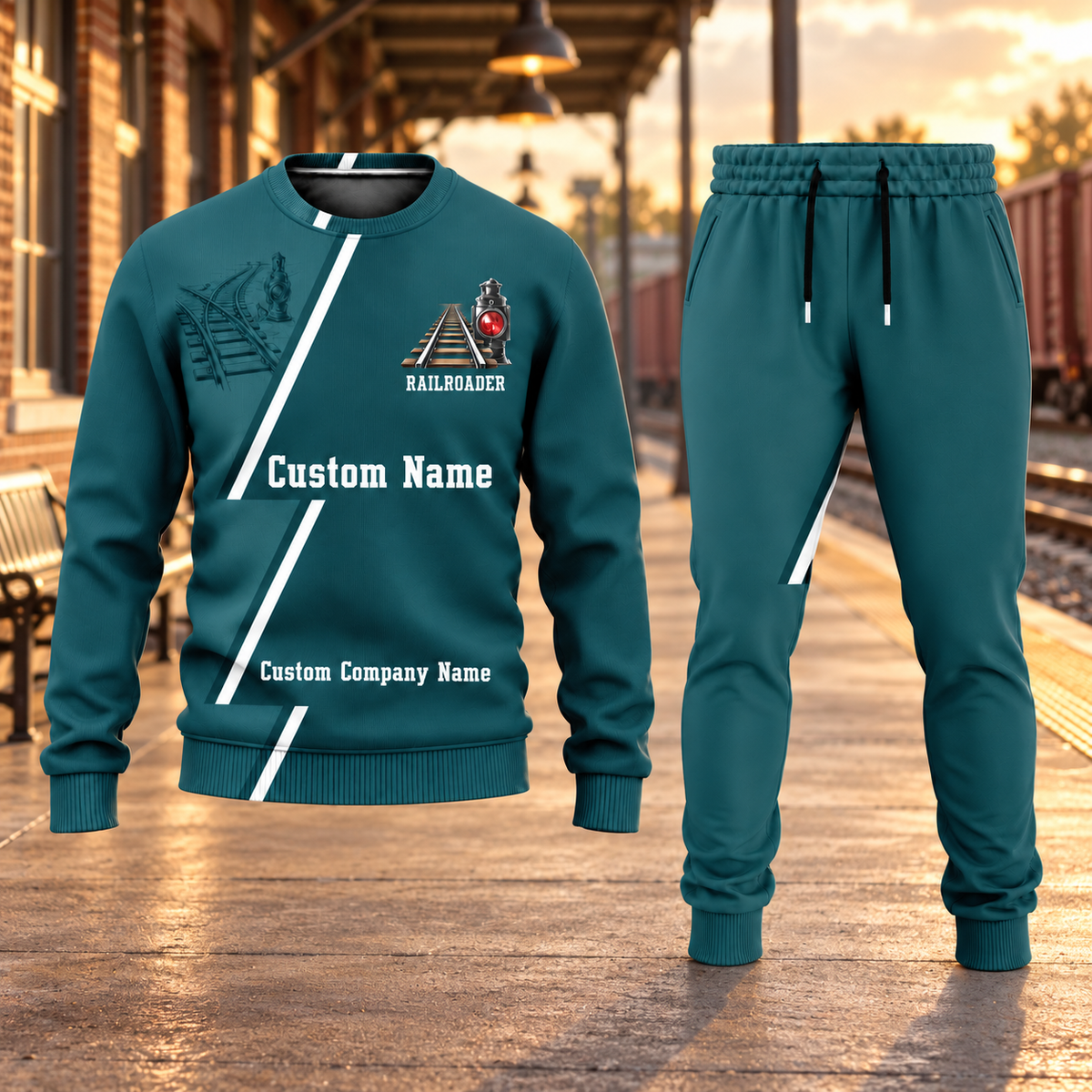 Railroader Diagonal Stripe sweater and jogger combo, hero view with name and company artwork