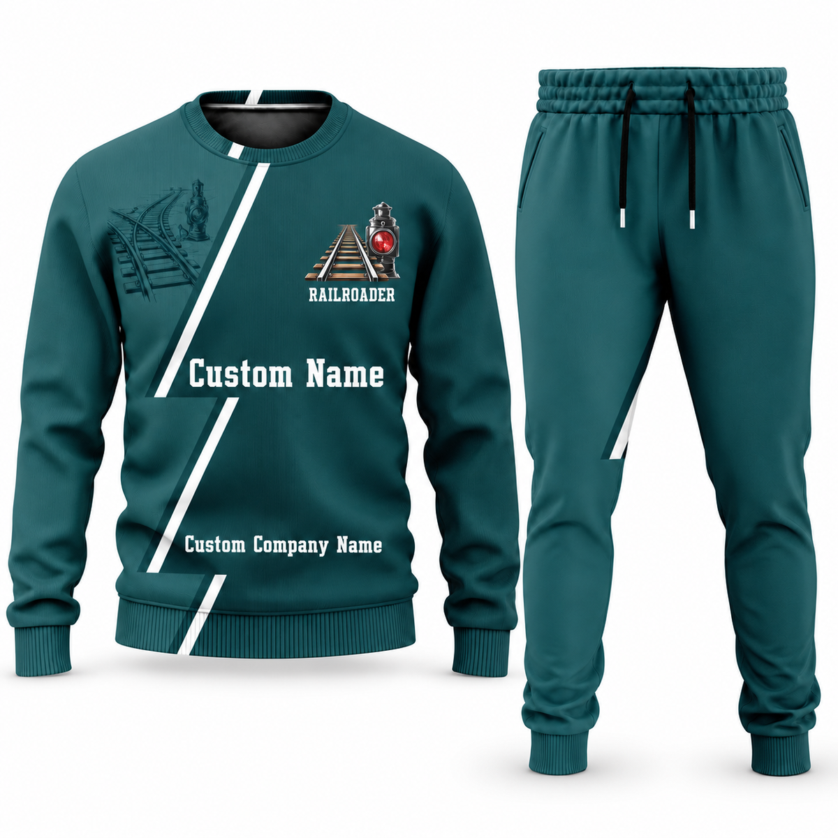 Railroader Diagonal Stripe sweater and jogger combo, teal view with name and company artwork