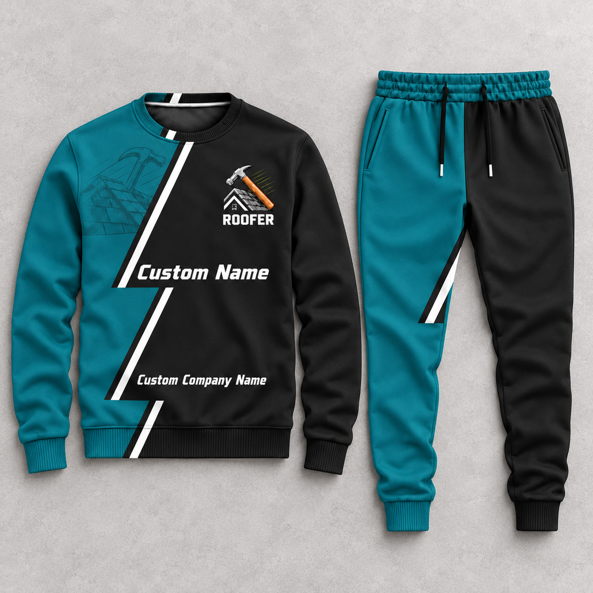 Roofer Diagonal Stripe sweater and jogger combo, hero view with name and company artwork