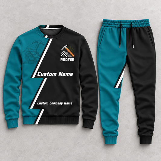 Roofer Diagonal Stripe sweater and jogger combo, hero view with name and company artwork