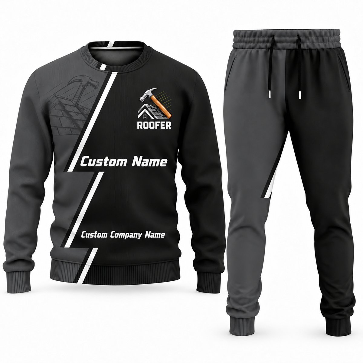 Roofer Diagonal Stripe sweater and jogger combo, charcoal view with name and company artwork