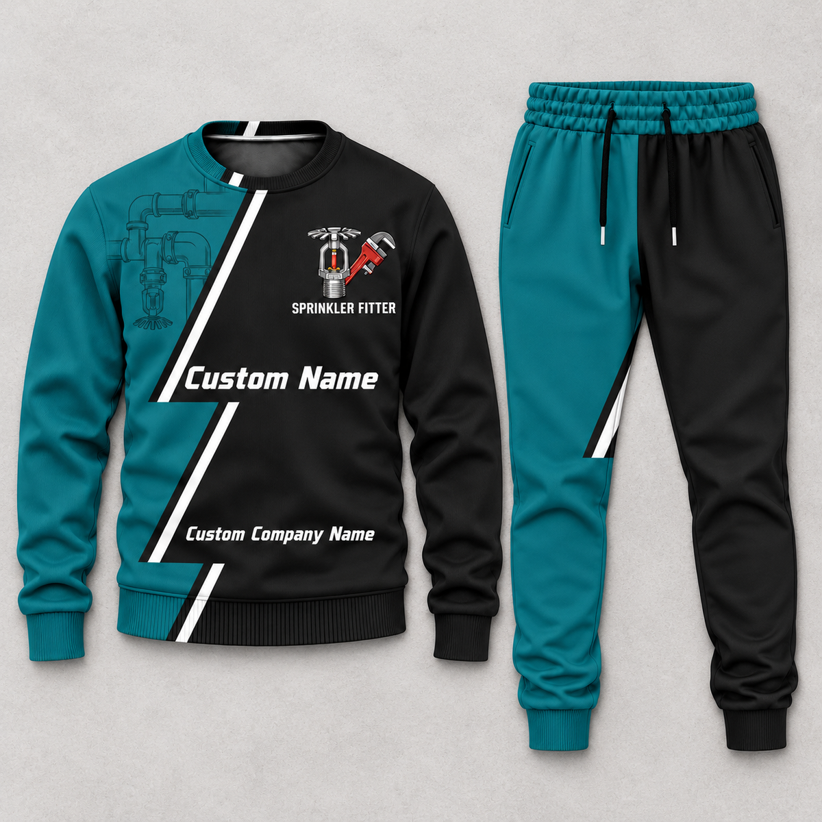 Sprinkler Fitter Diagonal Stripe sweater and jogger combo, hero view with name and company artwork