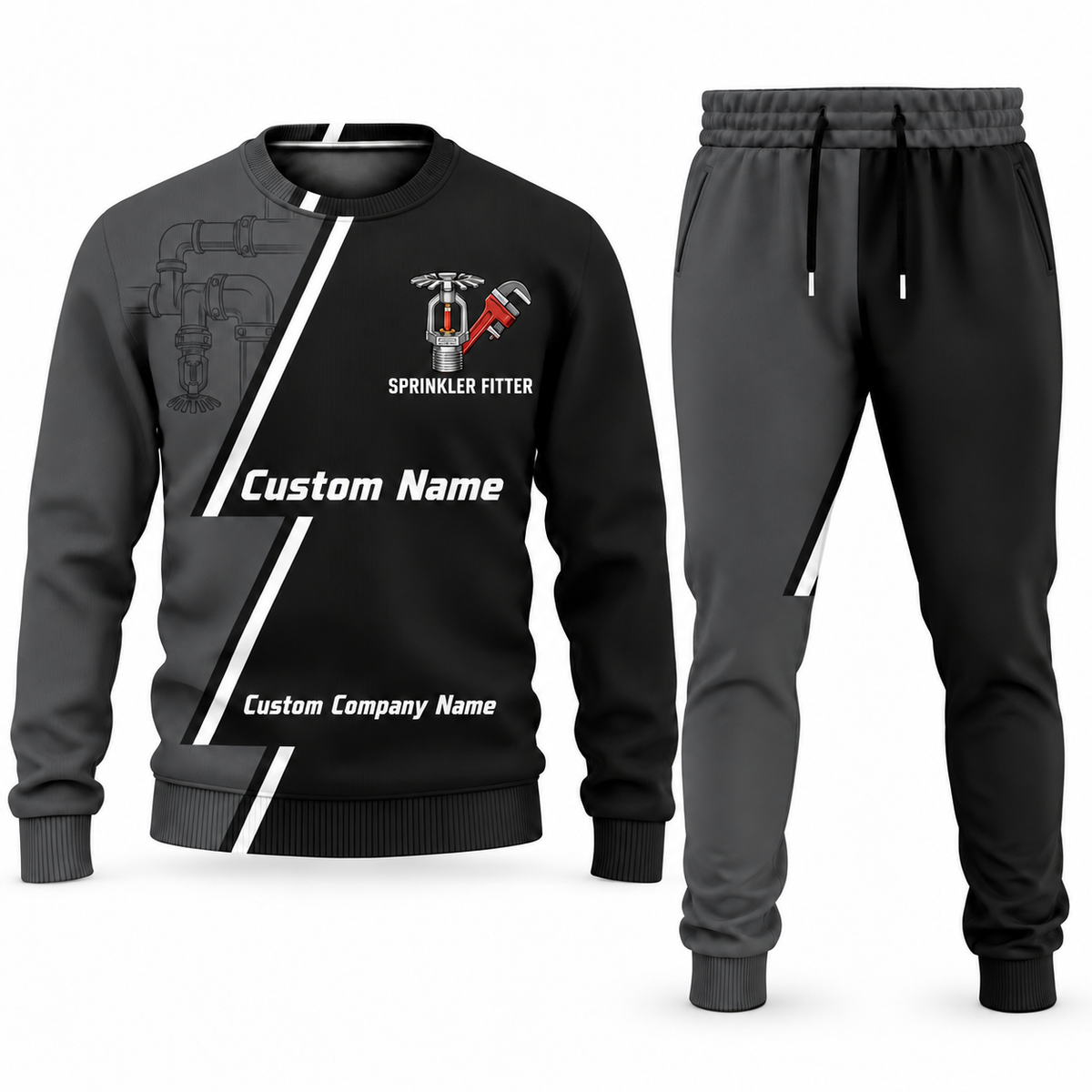 Sprinkler Fitter Diagonal Stripe sweater and jogger combo, charcoal view with name and company artwork