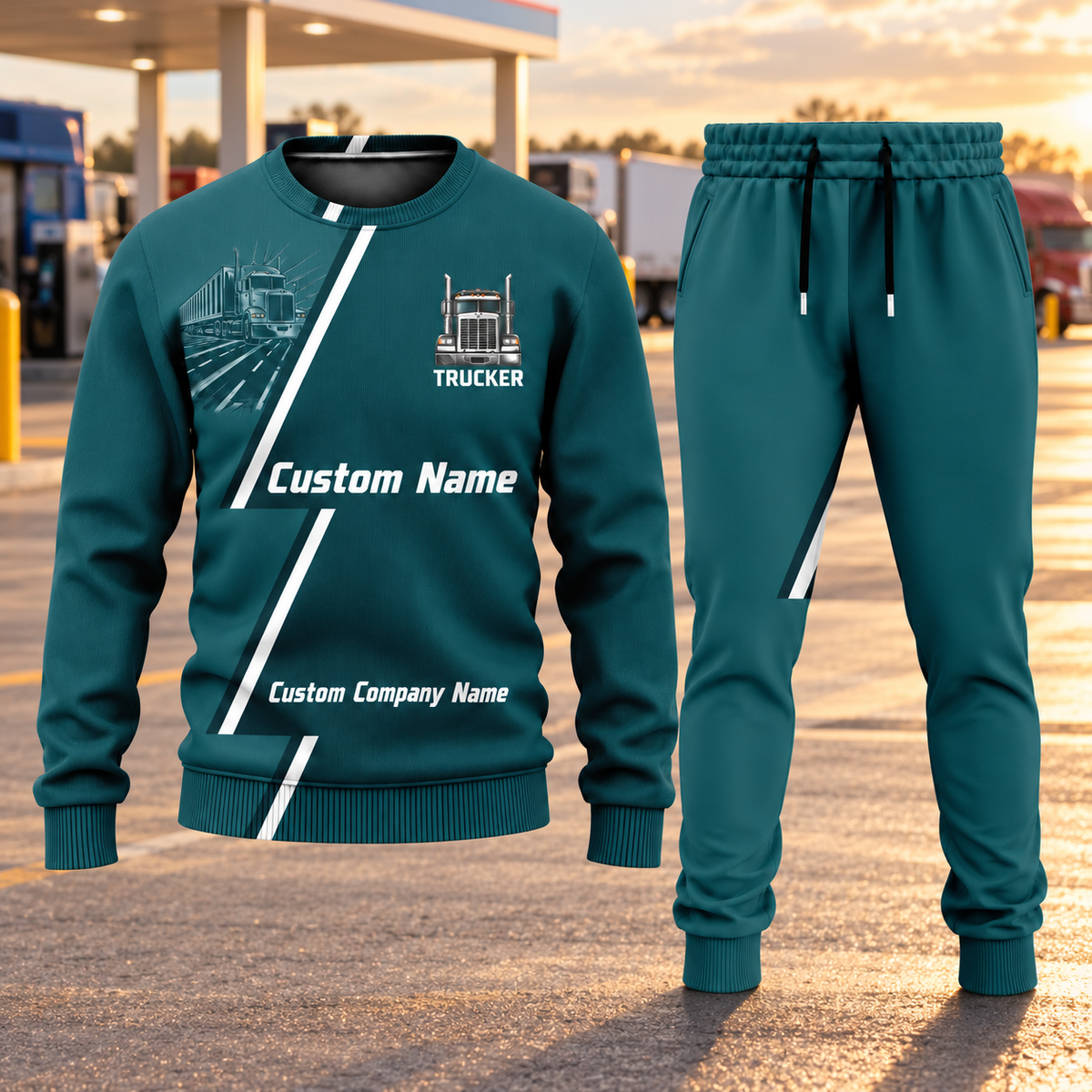 Trucker Diagonal Stripe sweater and jogger combo, hero view with name and company artwork