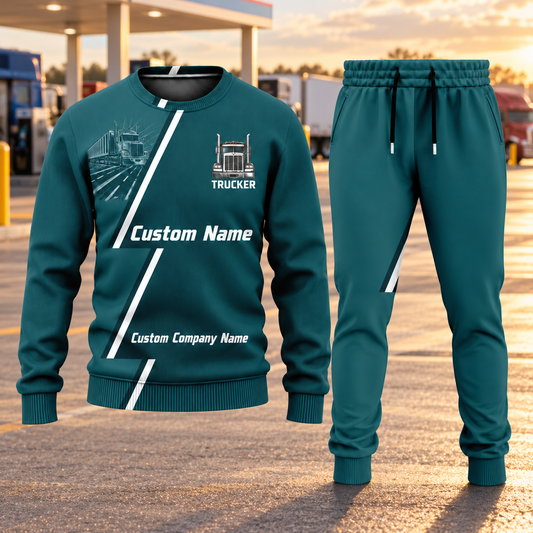 Trucker Diagonal Stripe sweater and jogger combo, hero view with name and company artwork