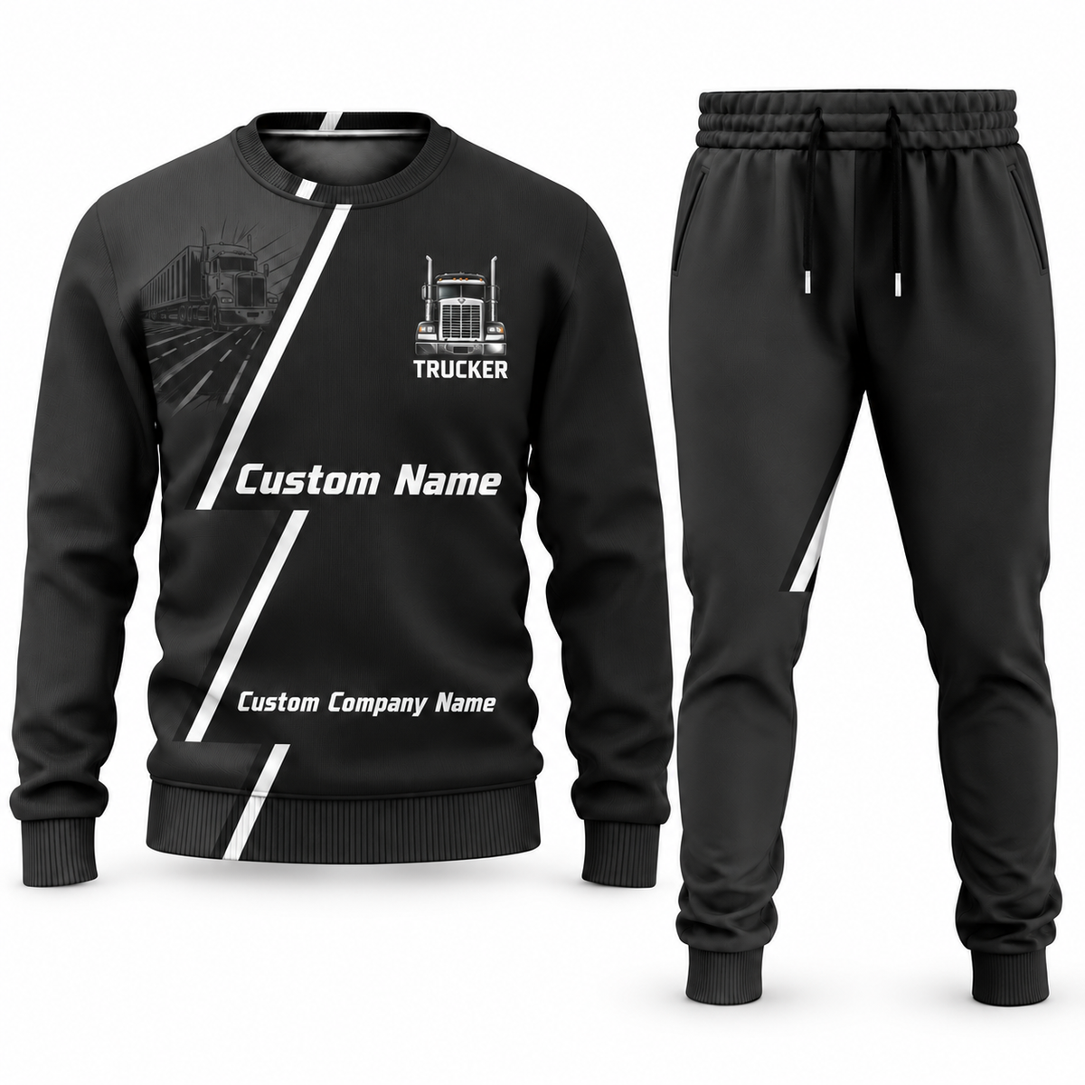 Trucker Diagonal Stripe sweater and jogger combo, charcoal view with name and company artwork